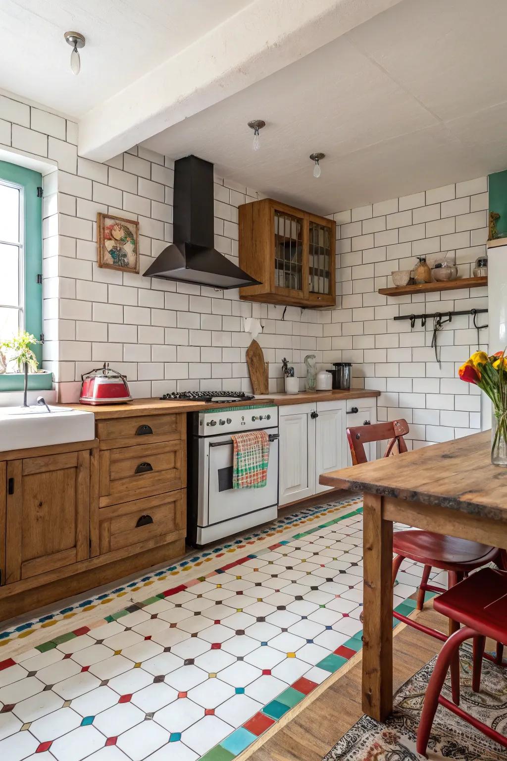 A farmhouse kitchen showcasing conventional bricks with accentuated joints.