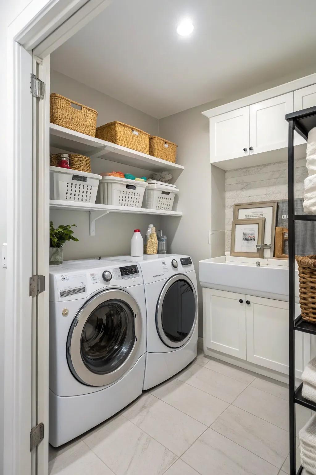 A functional layout with side-by-side appliances enhances effectiveness in this laundry area.