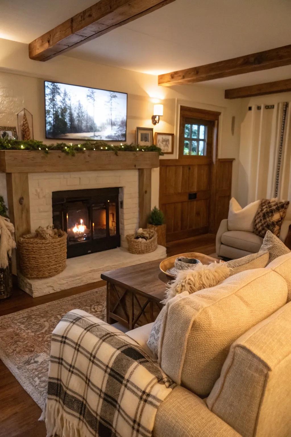 A welcoming farmhouse sitting room featuring a TV atop the mantel, emphasized by comforting fabrics.