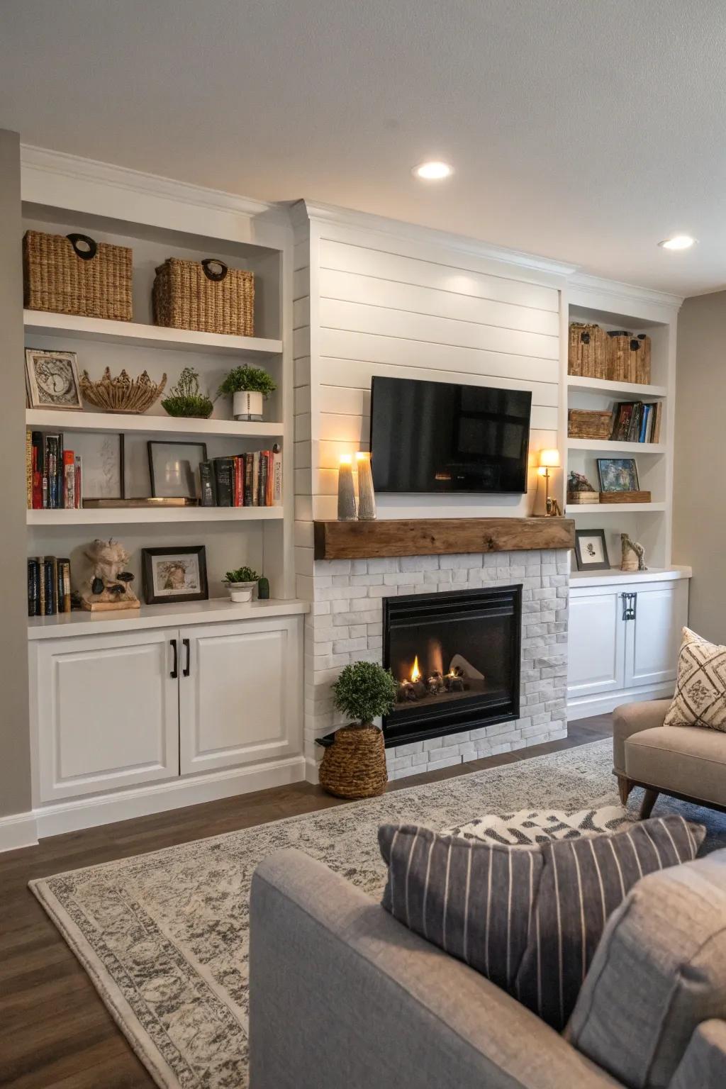 Integrated shelving enhances both utility and elegance.