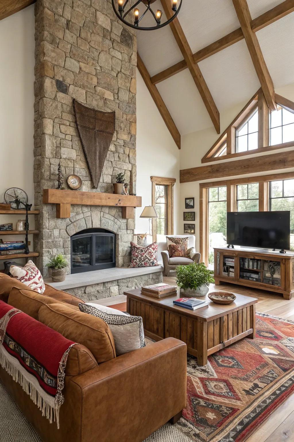 An eclectic assortment of tactile elements in a countryside-inspired living area.