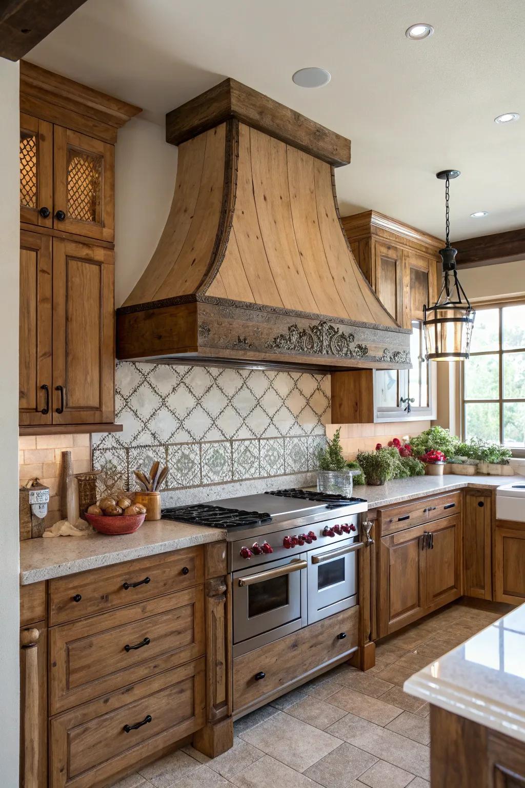 A rustic beam range hood creates a bold focal point in the kitchen.