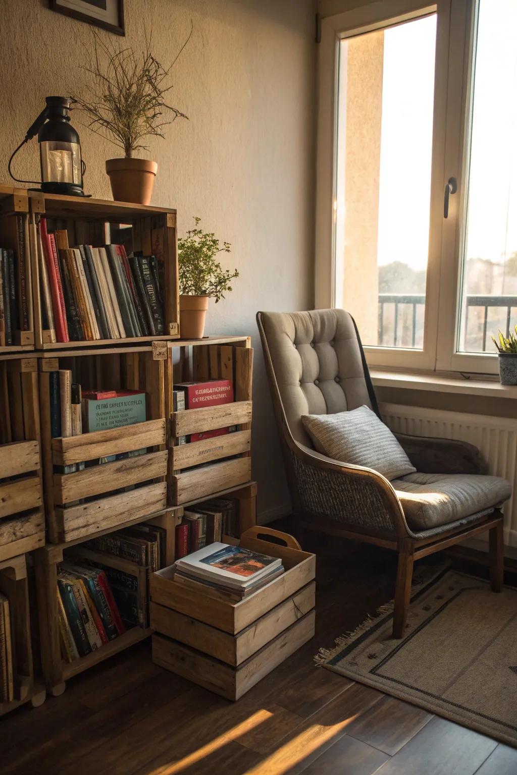 Fashion a volume enthusiast's sanctuary via container shelving.