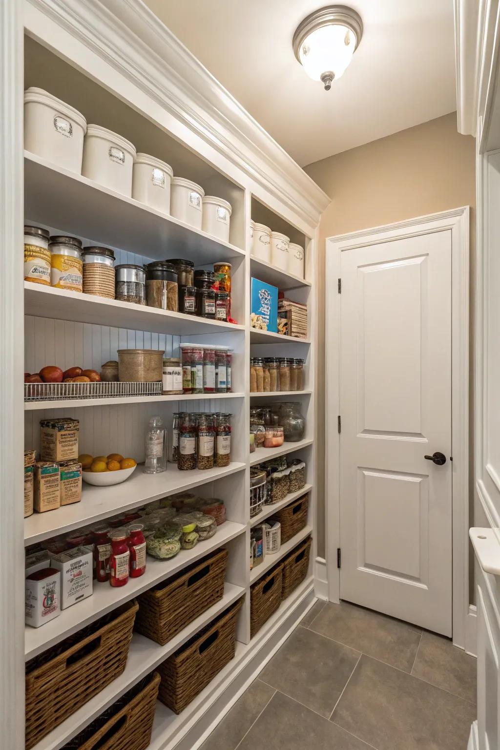 Refined pantry with simulated molding.