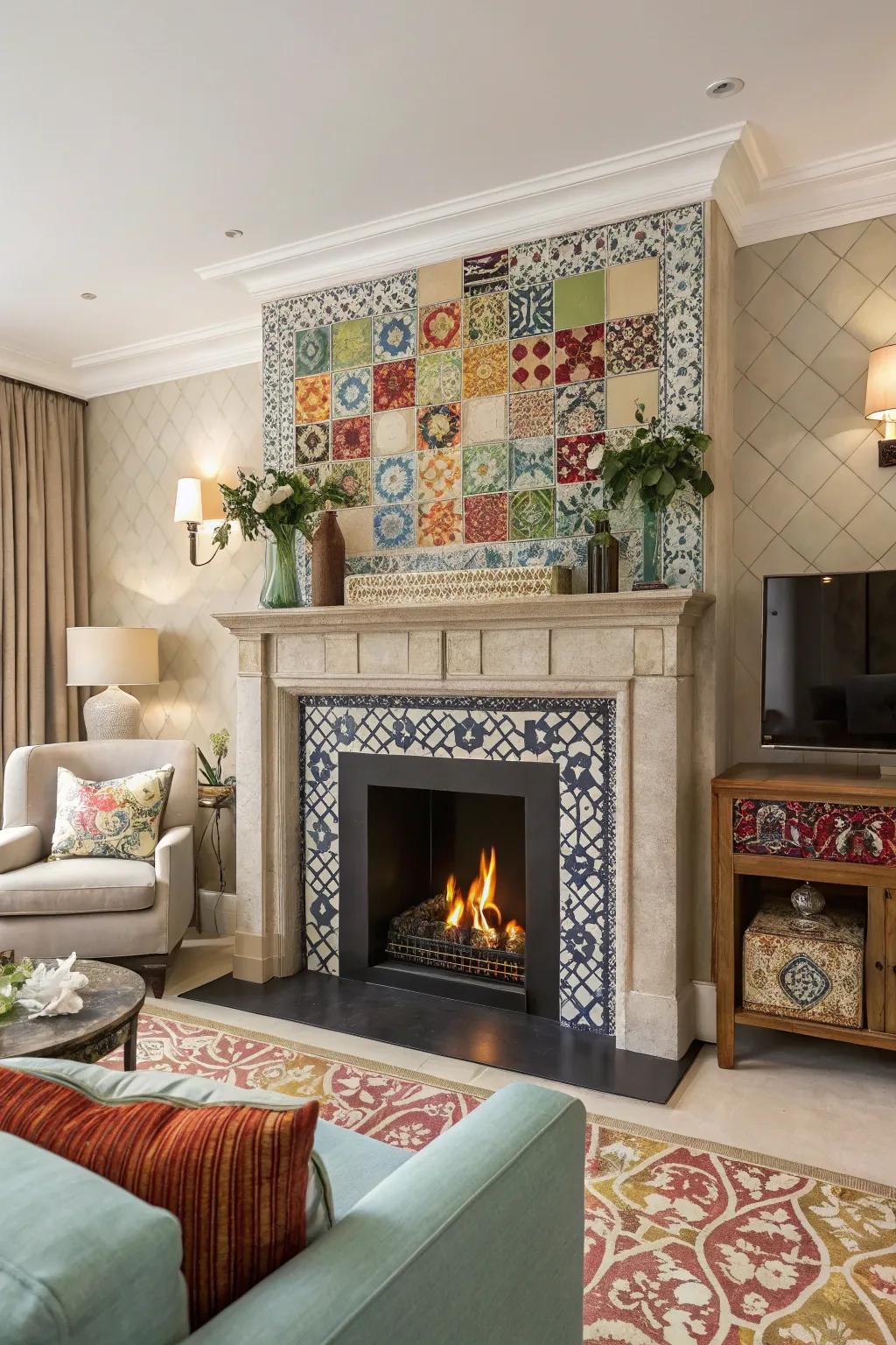 An imitation fireplace brought to life with unique ornamental tiles.