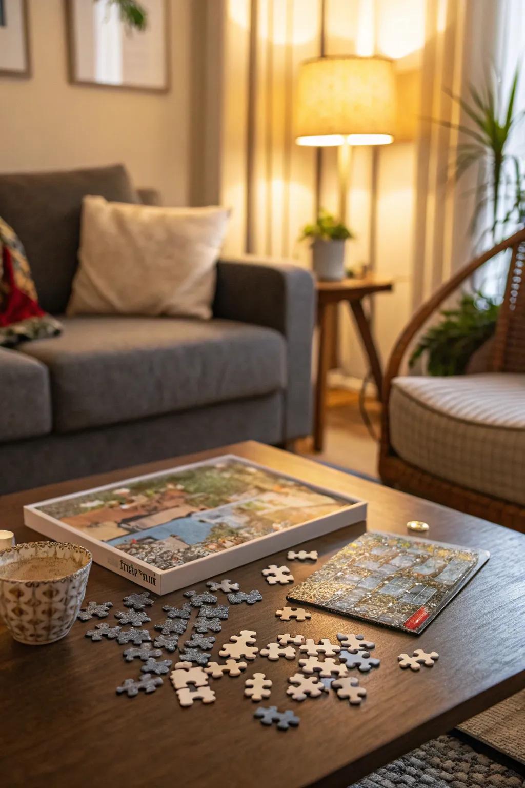 With this engaging mini puzzle set, piece together a fun evening.