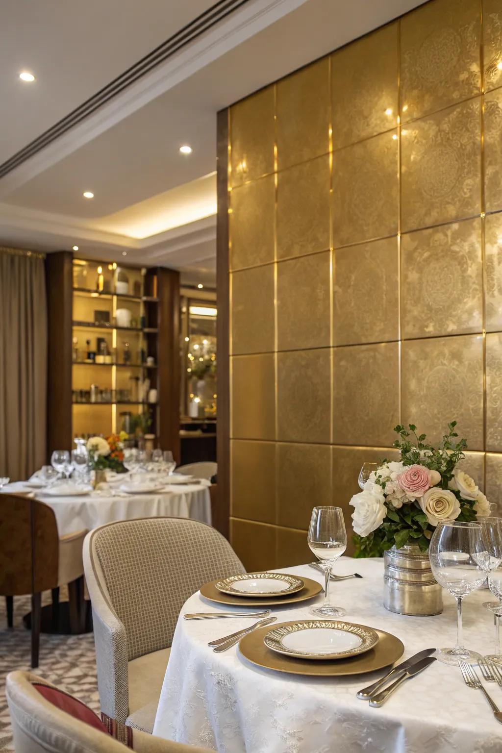 Metallic gold injects an accent of festivity into this eating space.