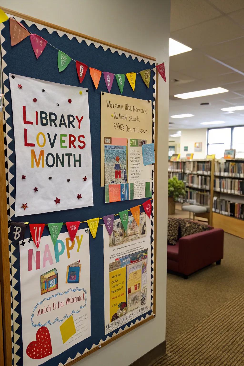 A library-themed bulletin board commemorating literature admirers.
