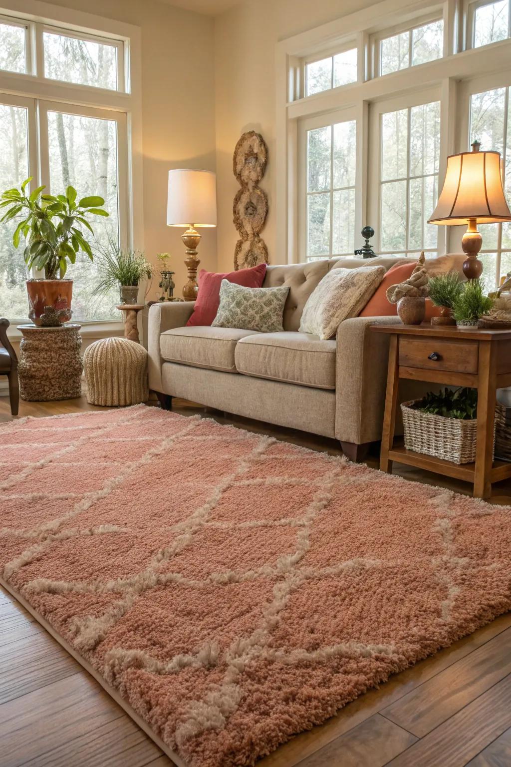 A plush floor covering enhancing the warmth of the living room.