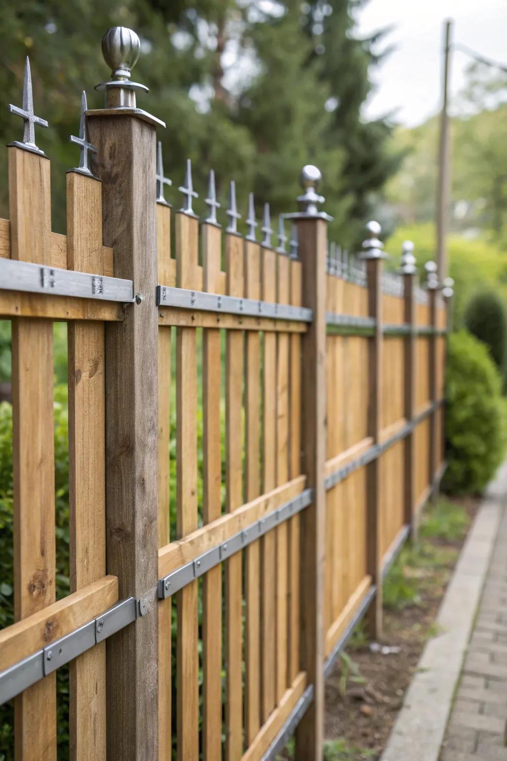 Experimenting with diverse materials crafts an eye-catching and distinctive fence.