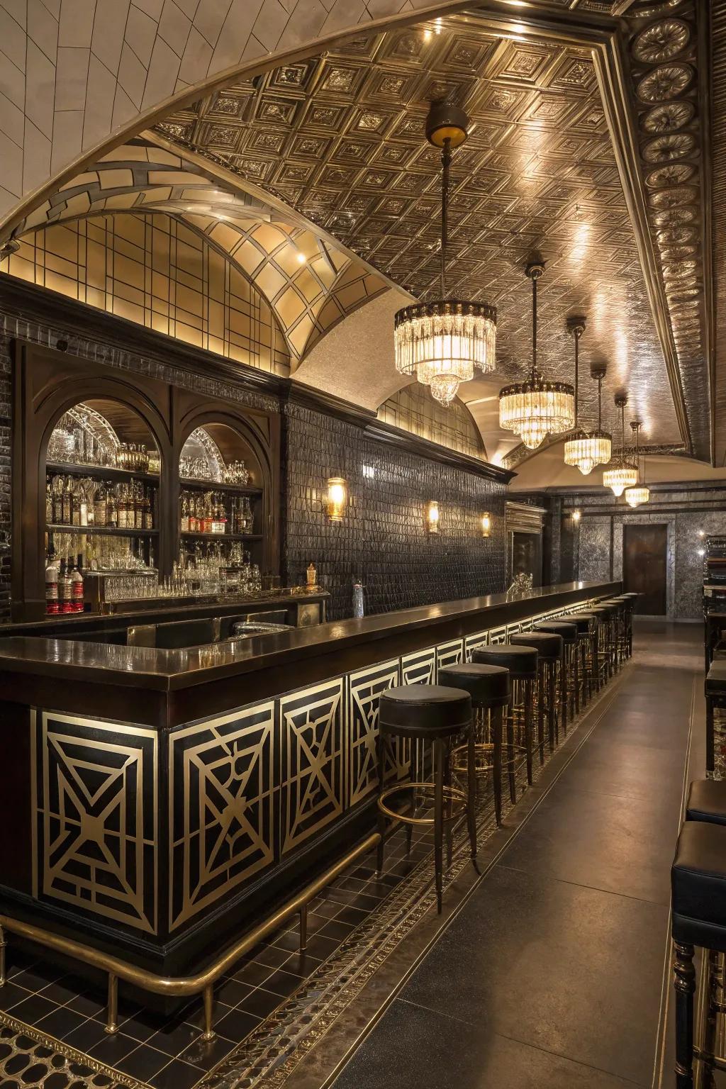 Go back in time with the glitz and glamour of an Art Deco basement bar.