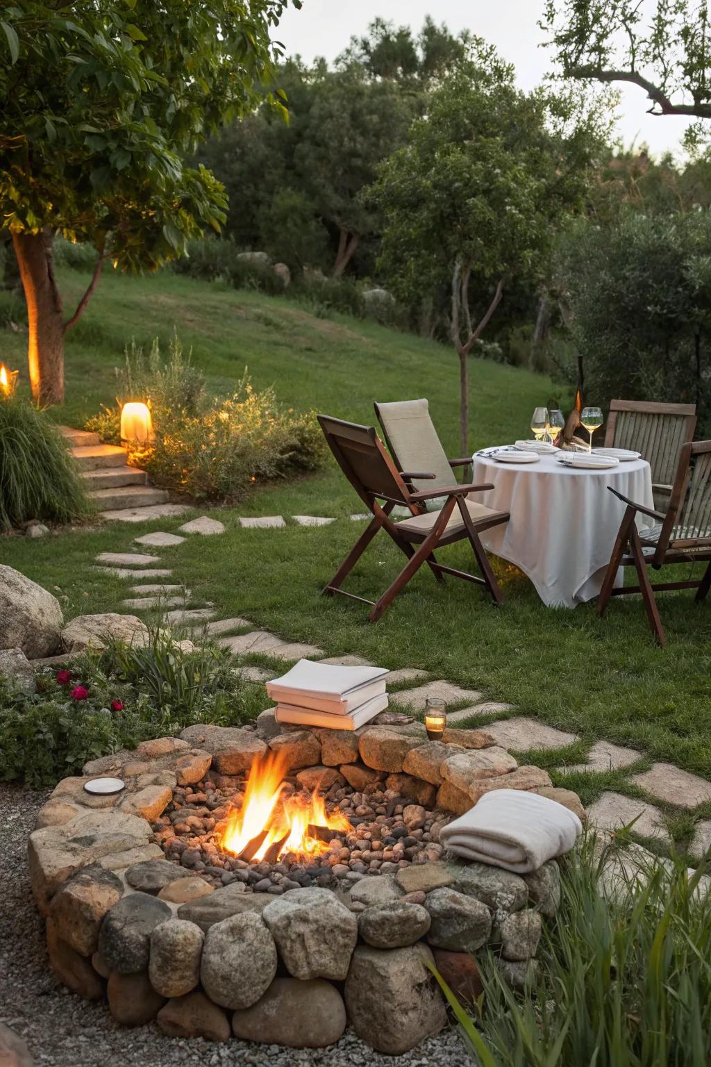 Dining and lounging merge for versatile fire pit enjoyment.