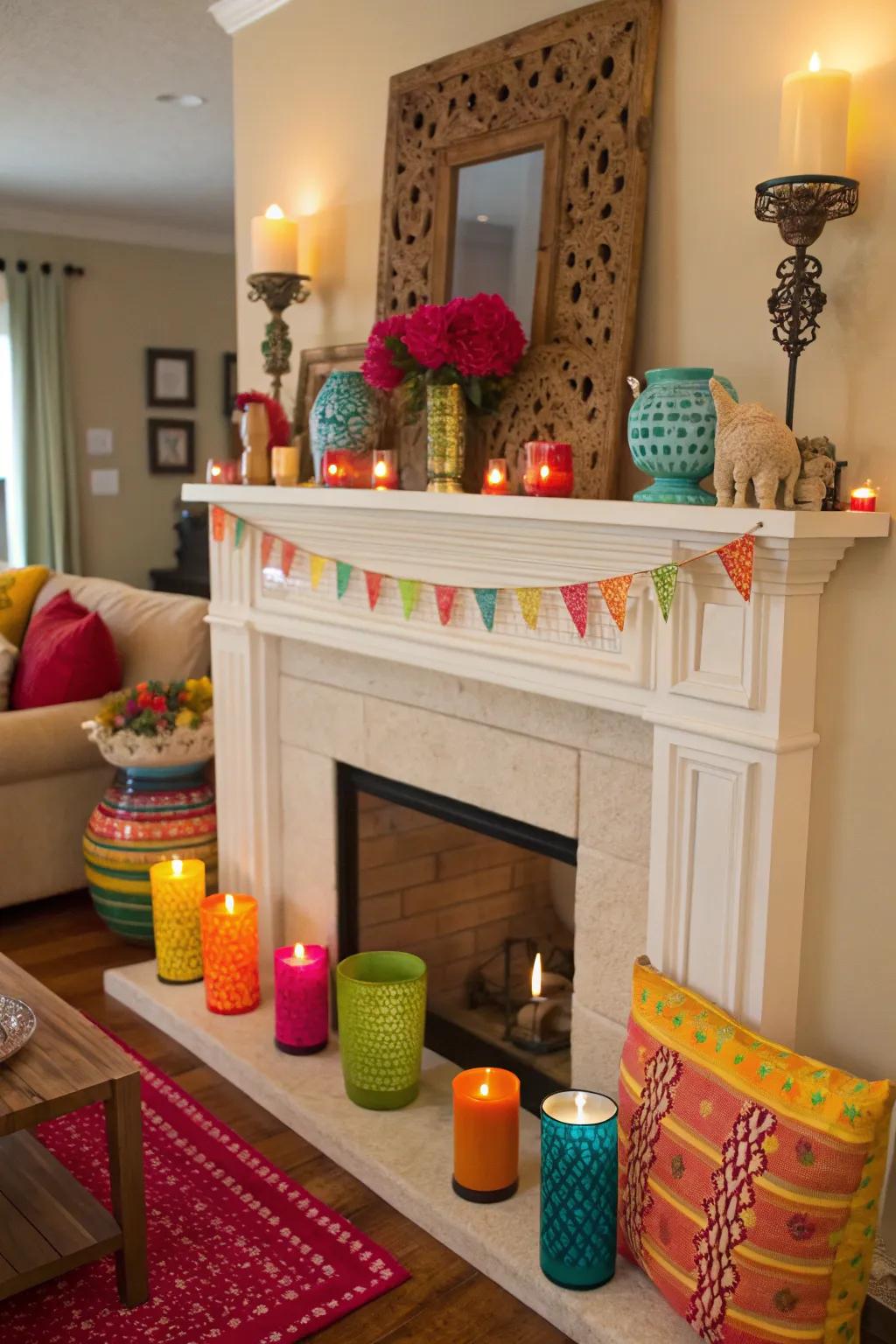 Colorful accents conveying vitality and vibrancy to the mantel.