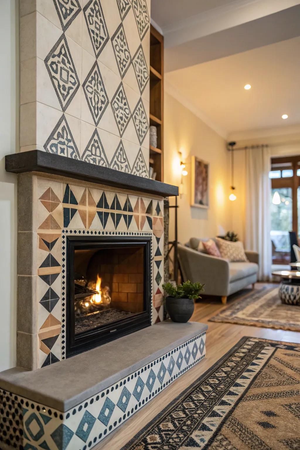 Add a modern twist with geometric patterns around your fireplace.