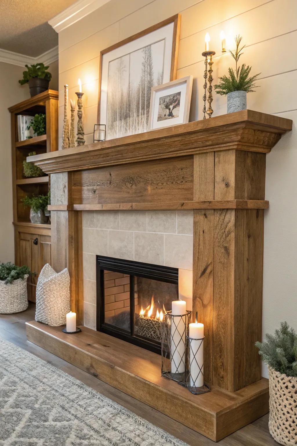 Wooden mantels can adapt to both rustic and modern styles.