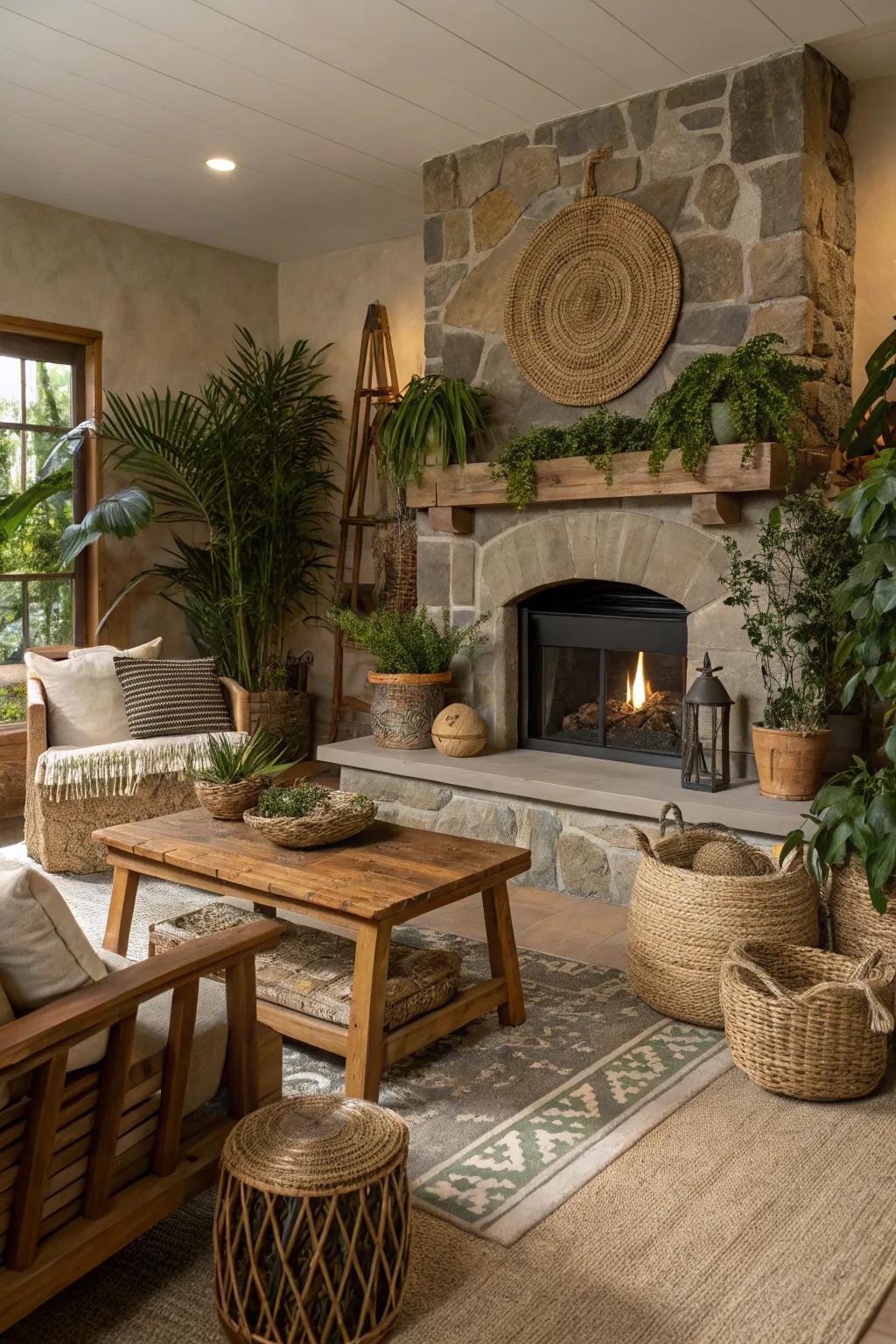 An earthy living space showcasing a fireplace with surrounding greenery for a fresh aesthetic.