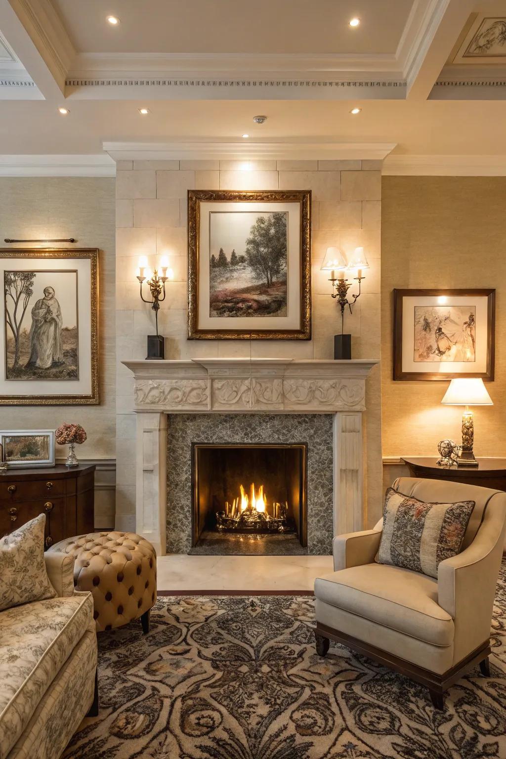 Wall art frames your fireplace and enhances its visual appeal.