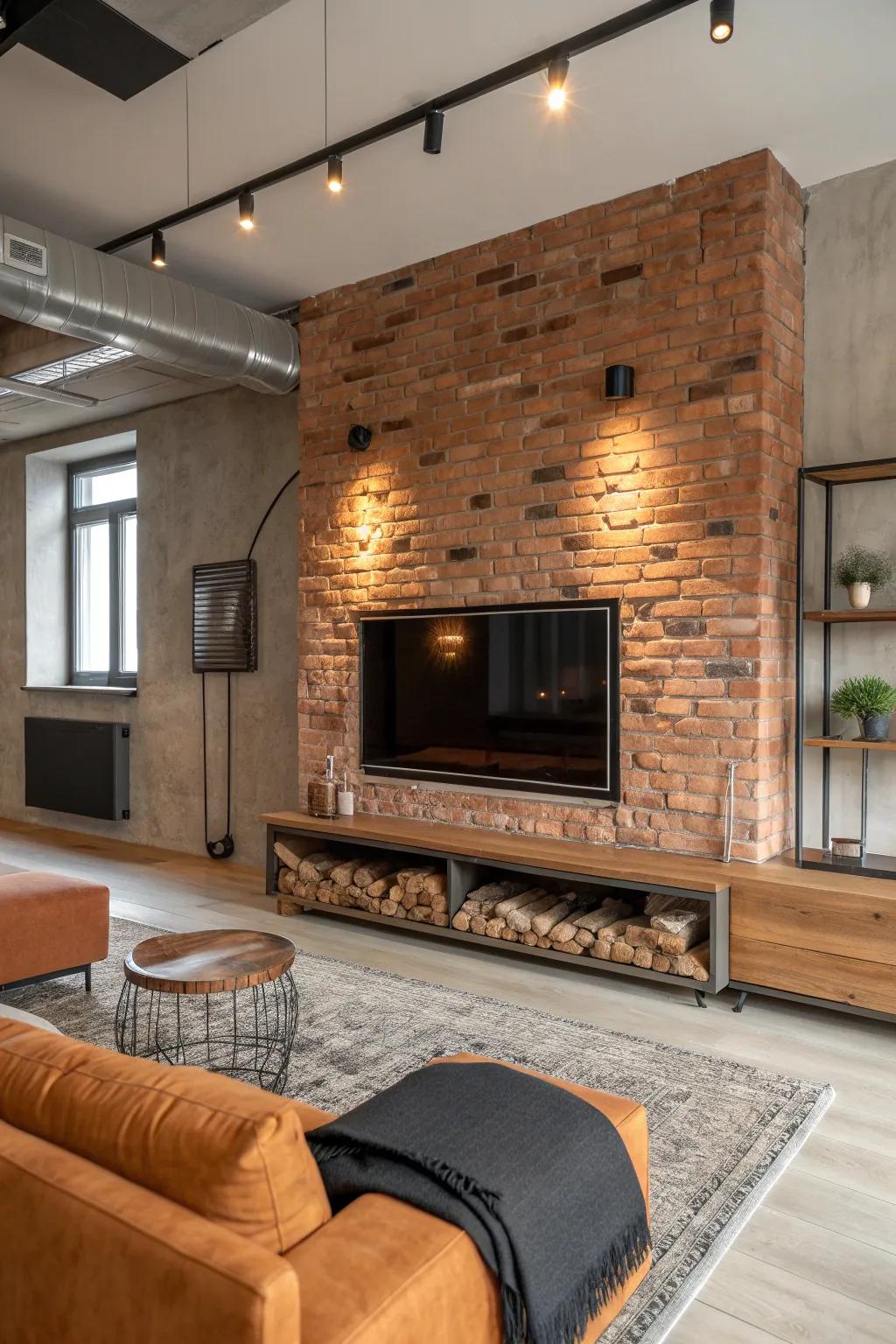Embrace an urban feel with an industrial-style fireplace and TV wall. #UrbanLiving #IndustrialChic 🏙️