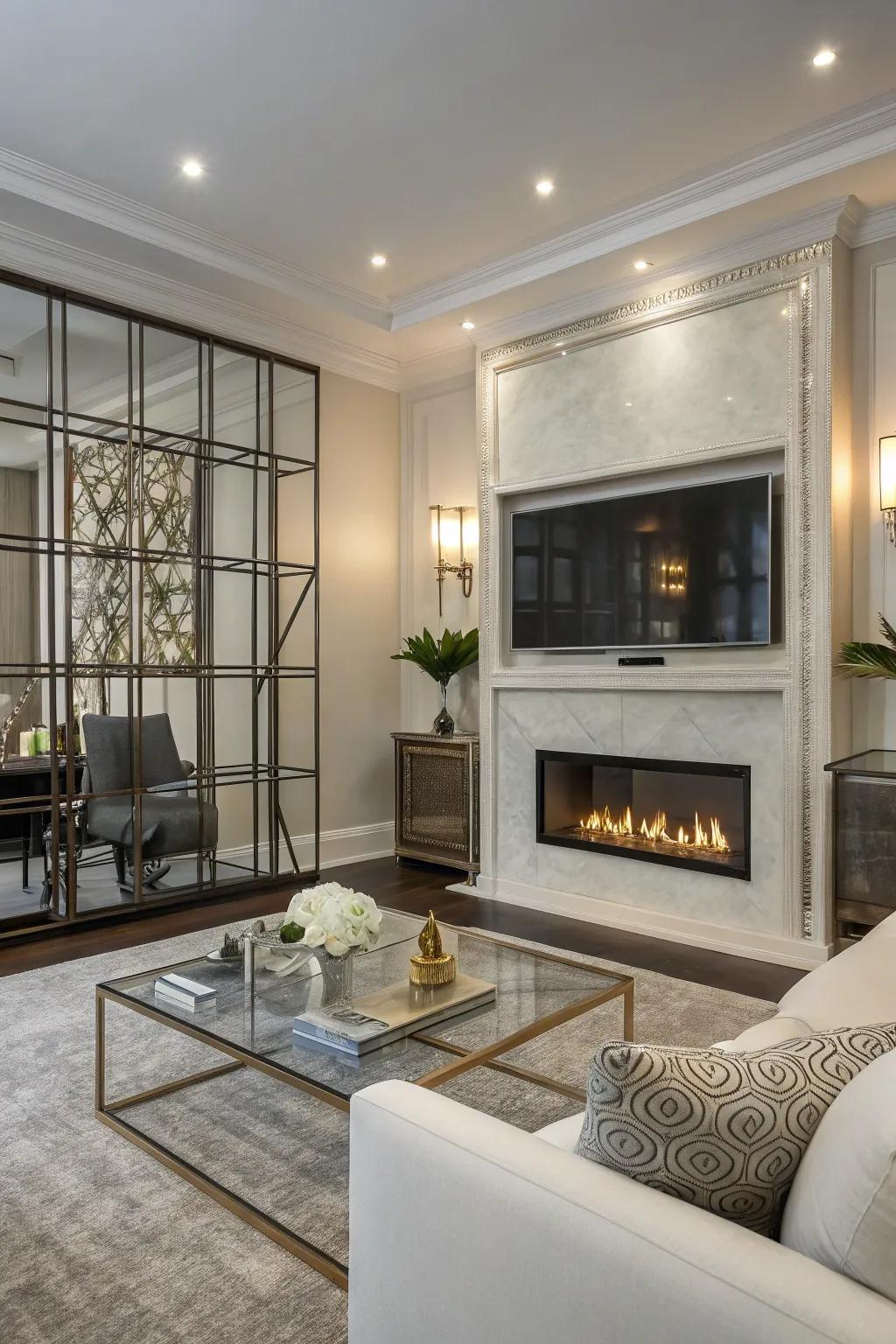 A streamlined fusion of glass and metal constitutes a contemporary fireplace wall.