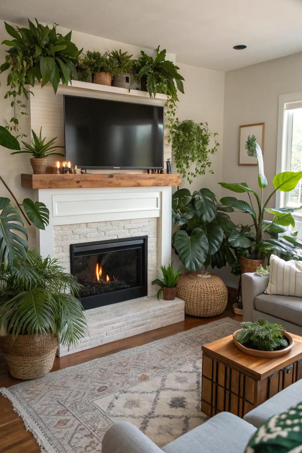A living space with greenery enhancing a fireplace and TV setup.