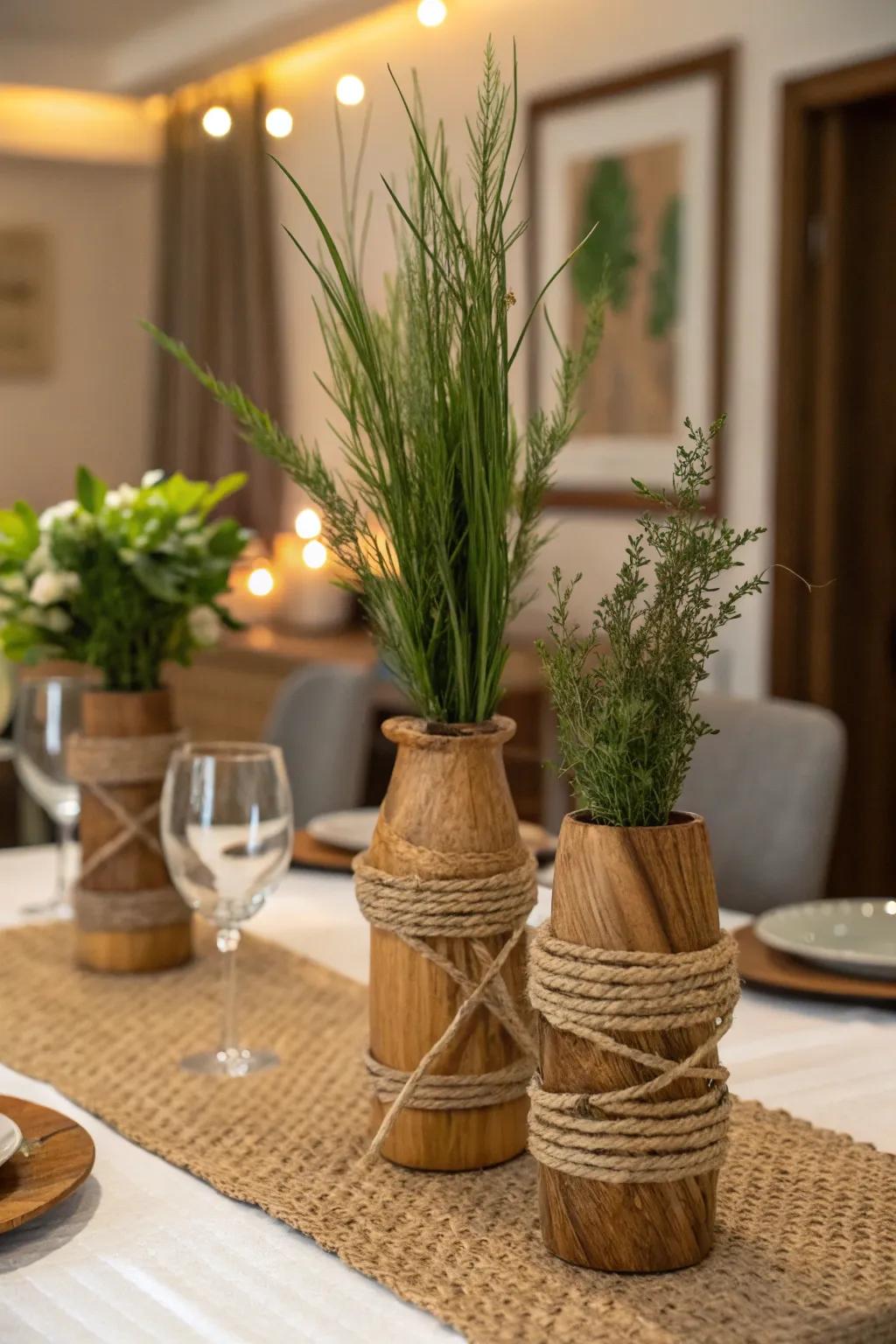Timber vases with weave bring rustic sophistication.