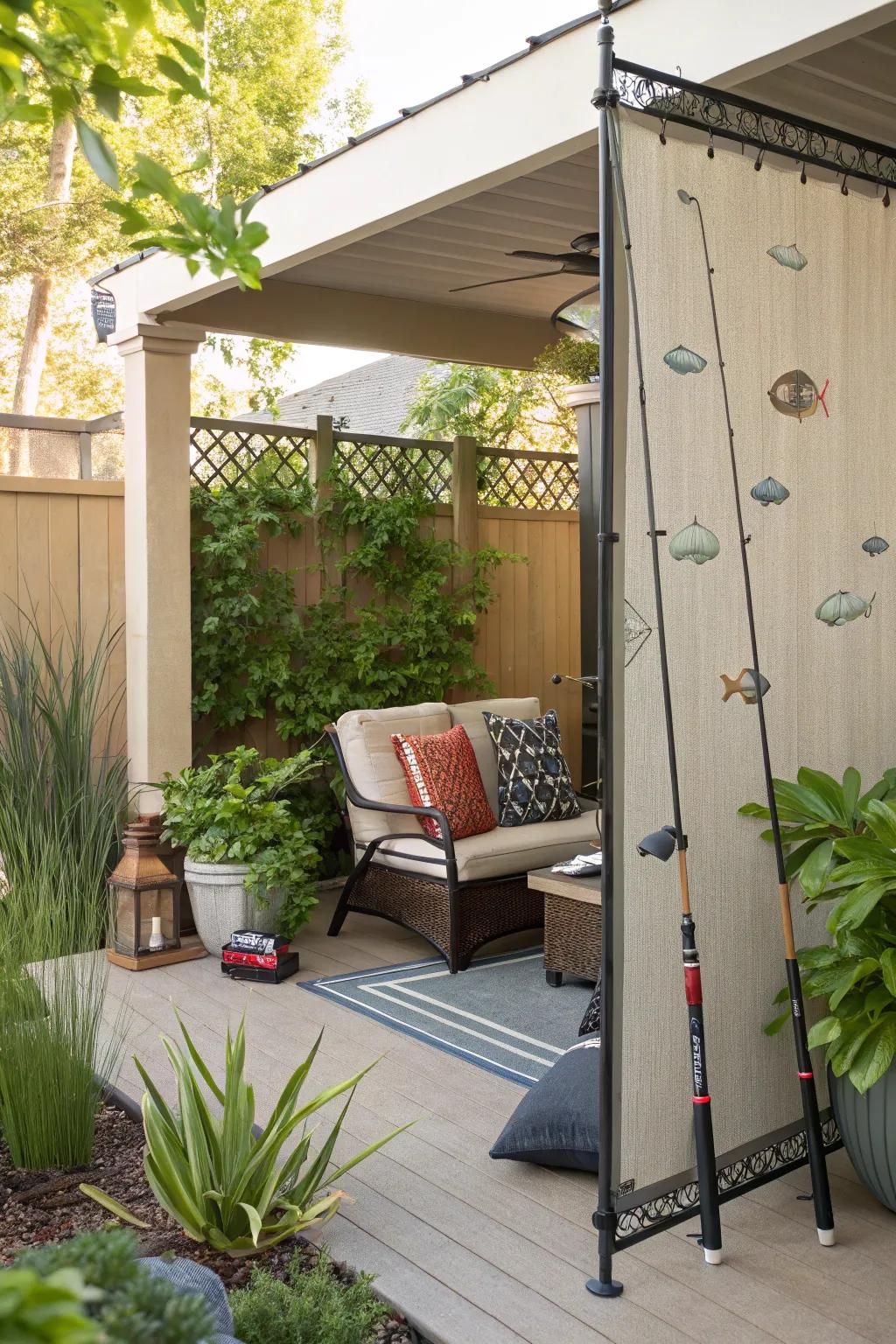 Angling tools fashion an enchanting and utilitarian terrace seclusion panel.
