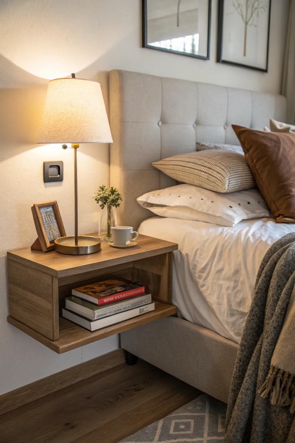 Hanging rack as an enchanting night table in the sleeping quarters.