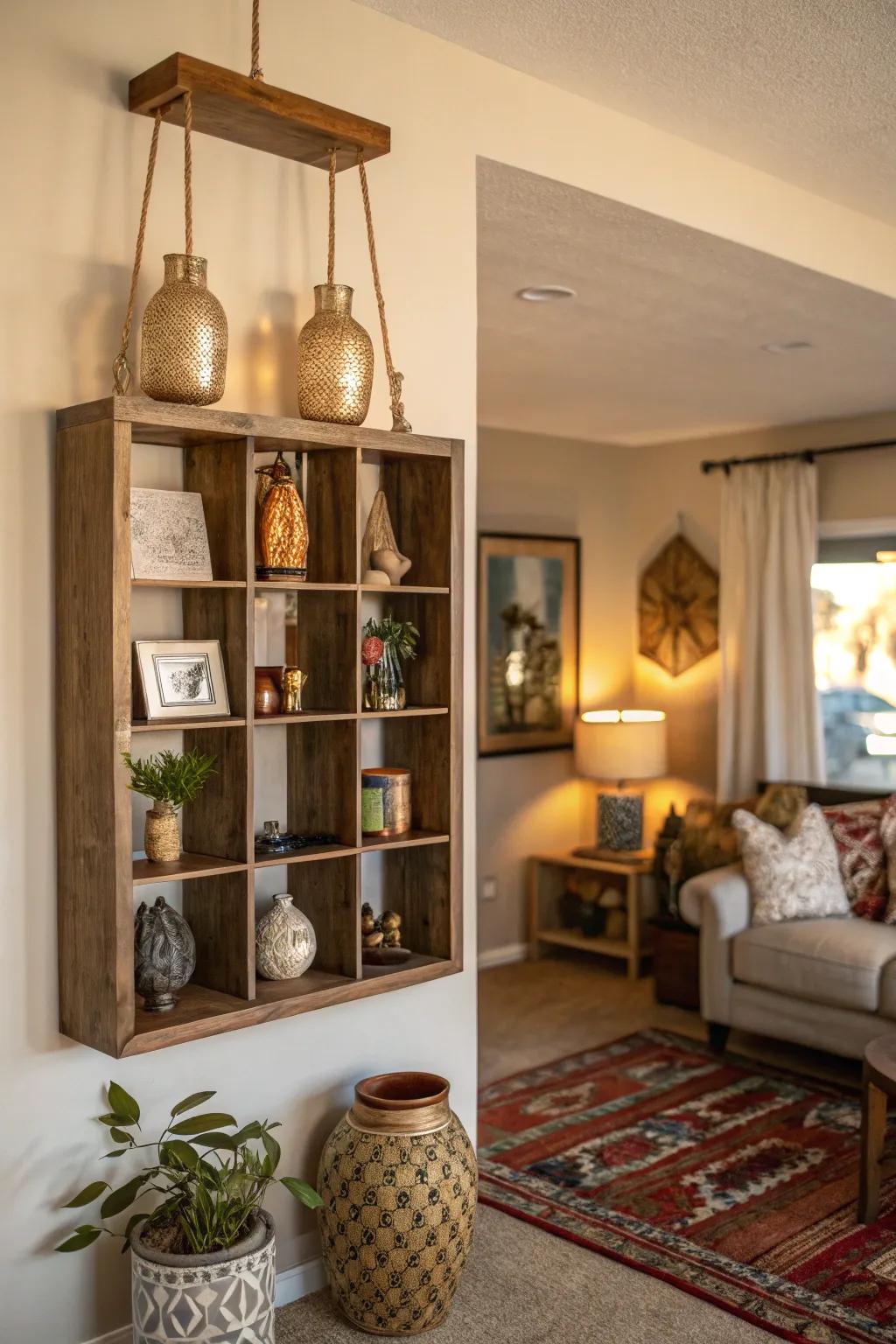 A floating cubby gives the decor a unique touch