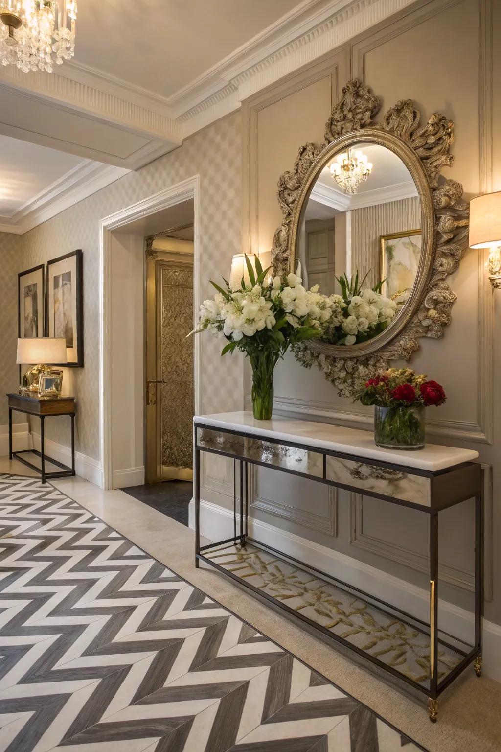 Chevron patterns add flow and elegance to floor designs.