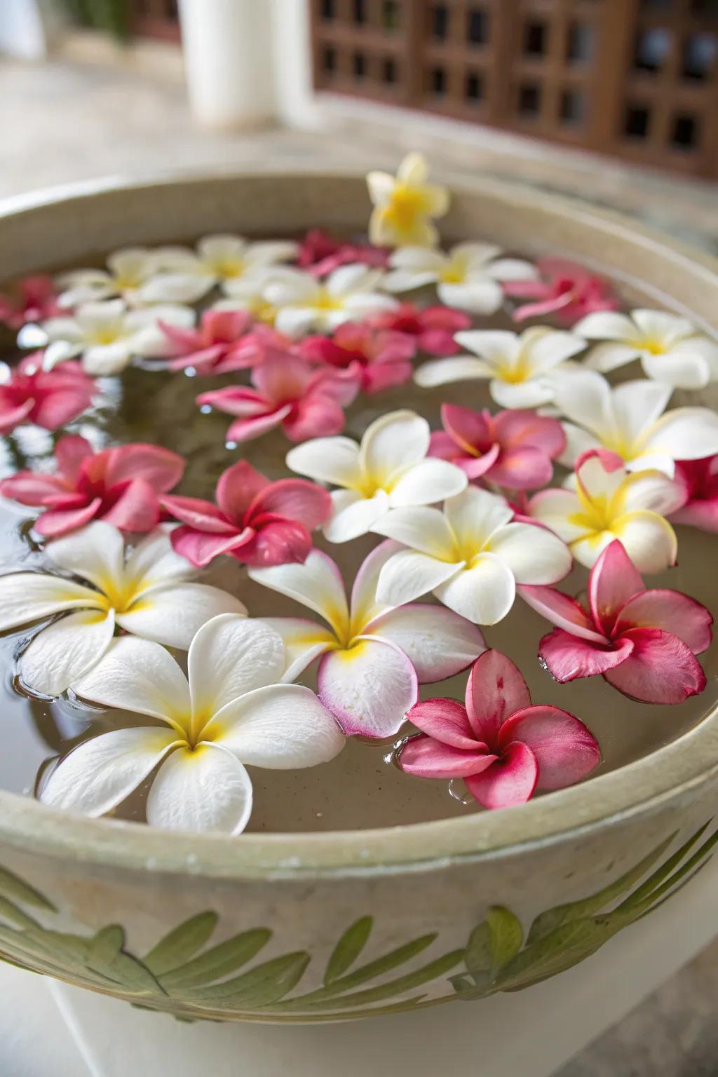 A floral centerpiece with floating flowers in a shallow bowl.