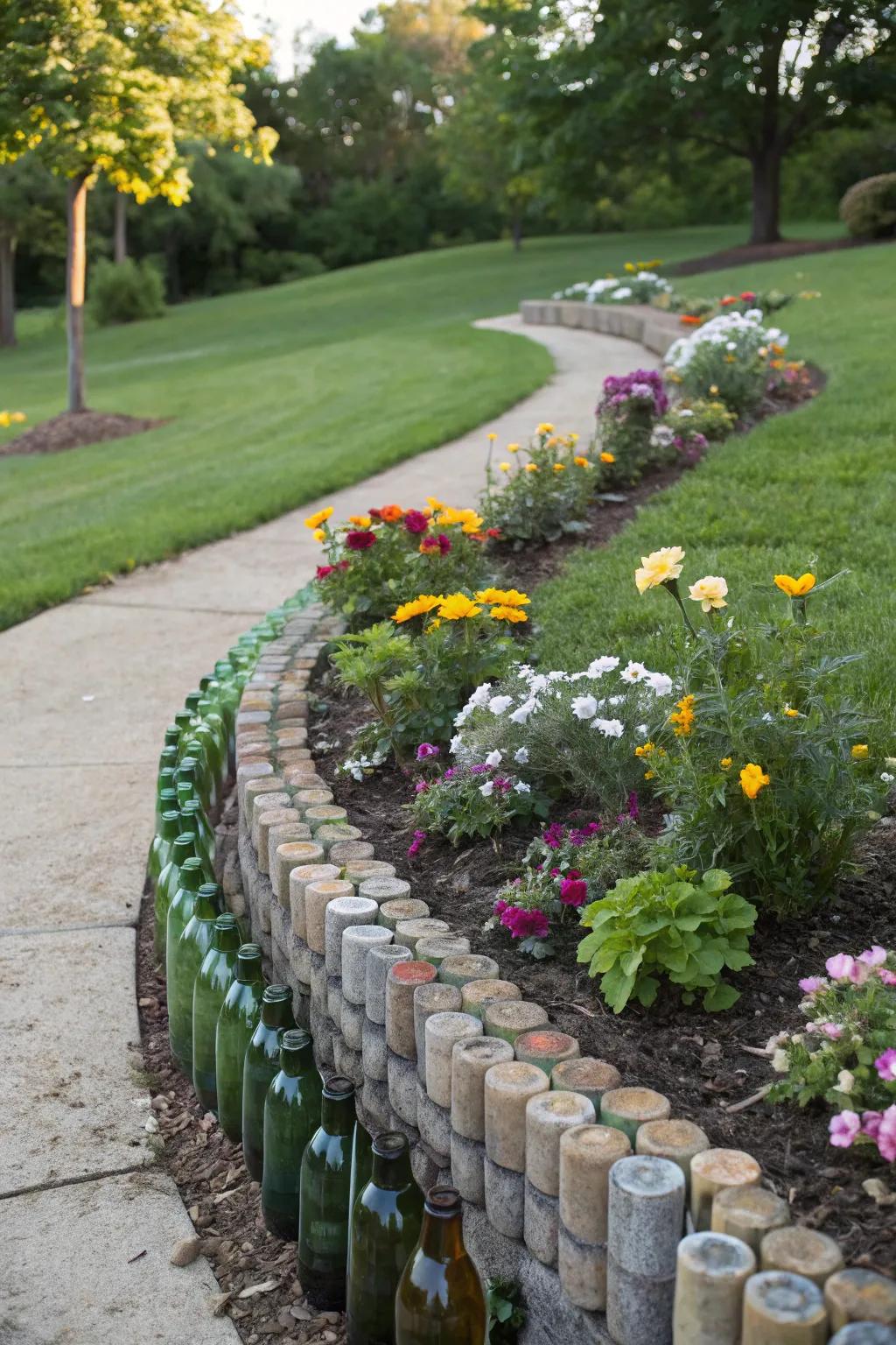 Reclaimed glass bottles establish a whimsical and colorful flower bed border.