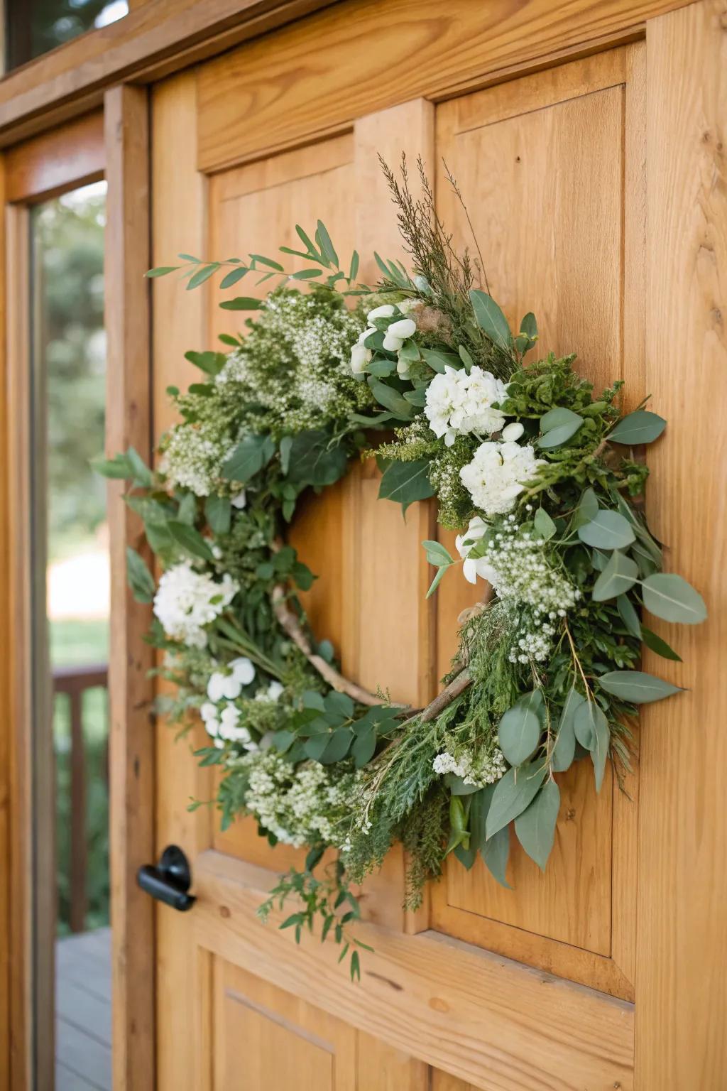 A winter ivory garland delivering seasonal charm upon the front entryway.