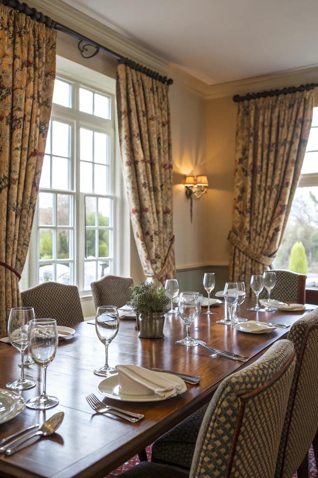Patterned curtains add visual interest and flair to this dining room.