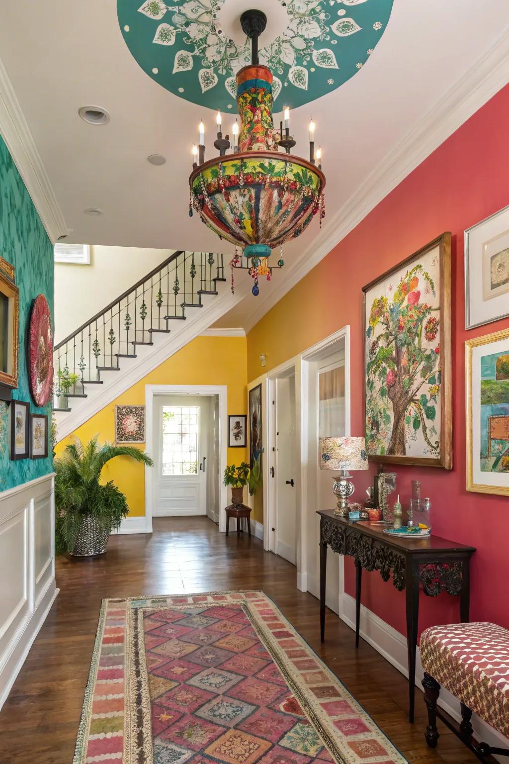 A lacquered chandelier brings a splash of color to this lively entryway.