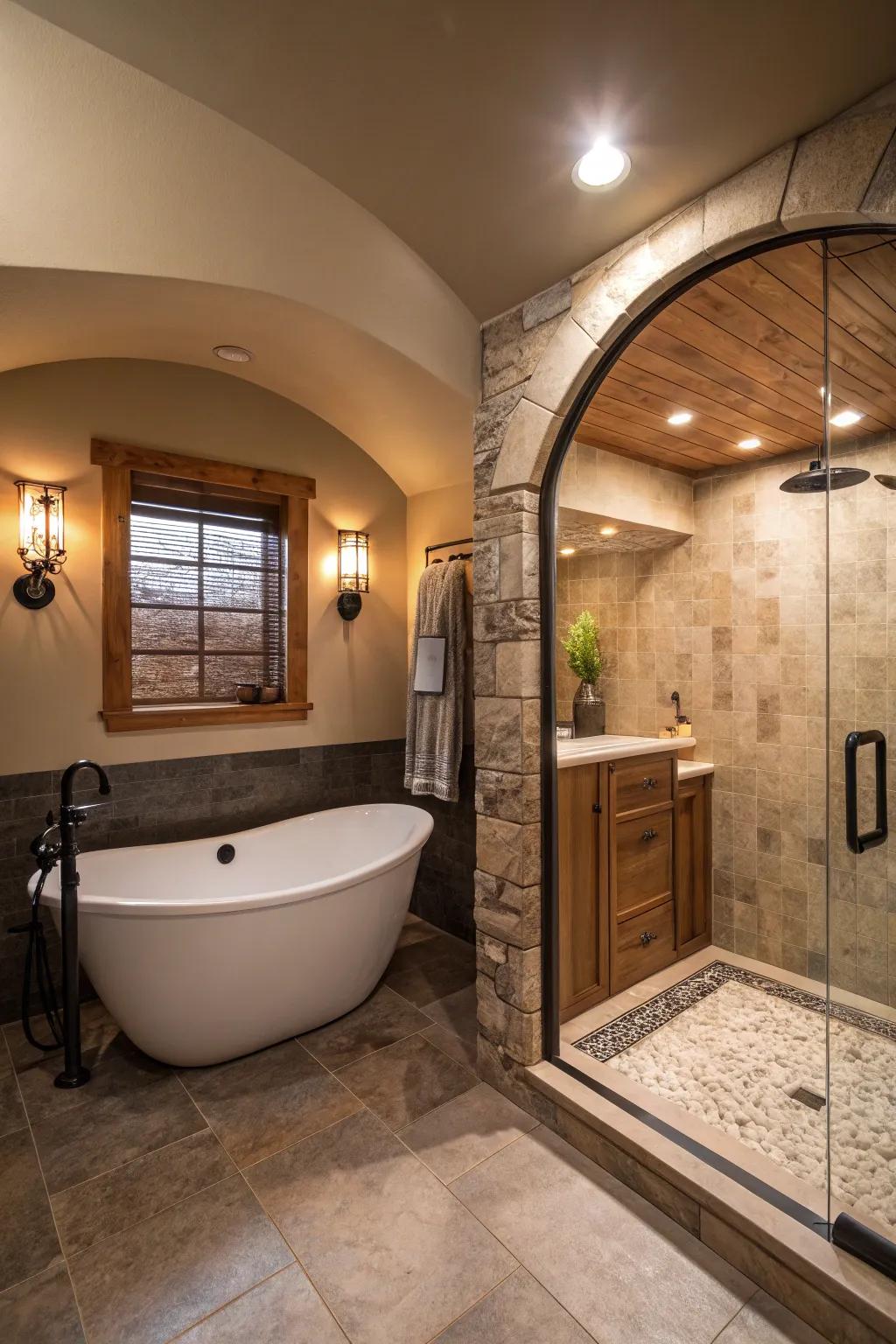 An alcove design creating a cozy corner for a freestanding tub and shower.