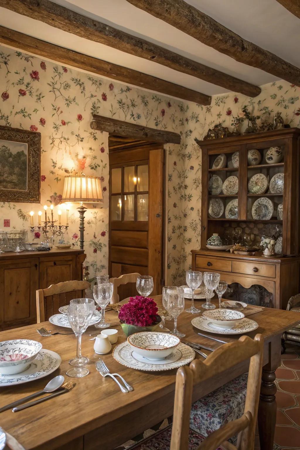 Decorative tableware adds character and style to the dining space.
