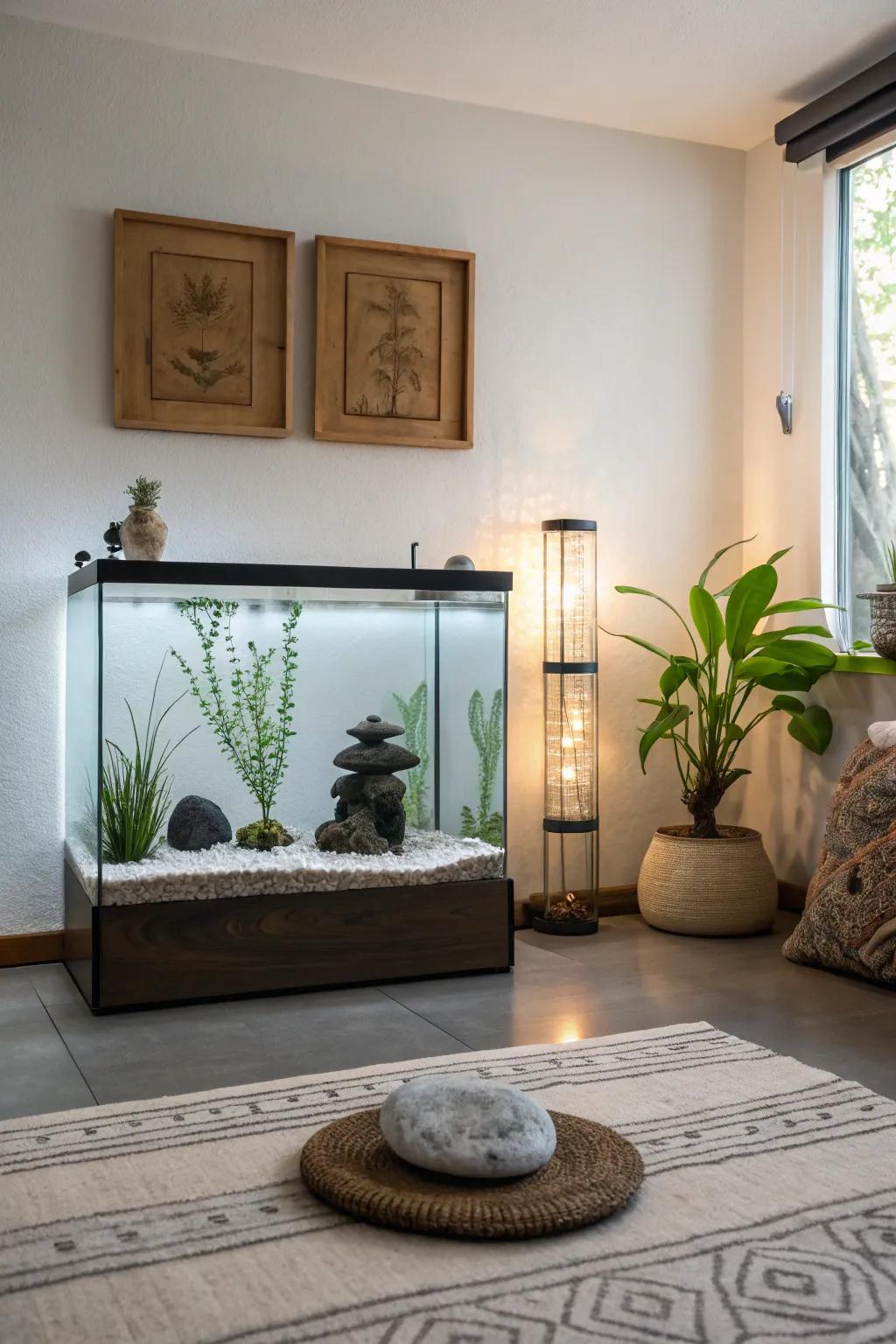 A Zen garden theme brings peace and simplicity to your aquarium.
