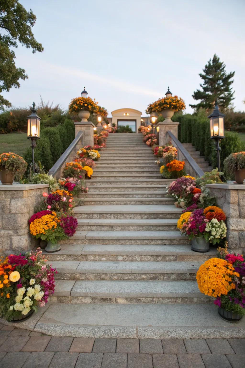 Floral accents introduce color to stone steps.
