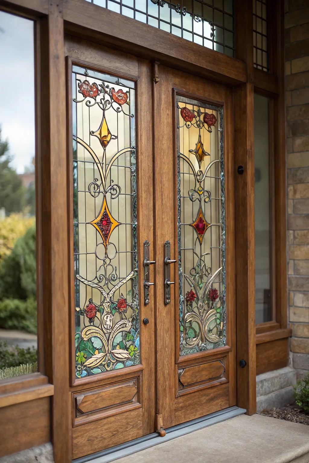 A stunning front door with colored glass providing privacy and art.