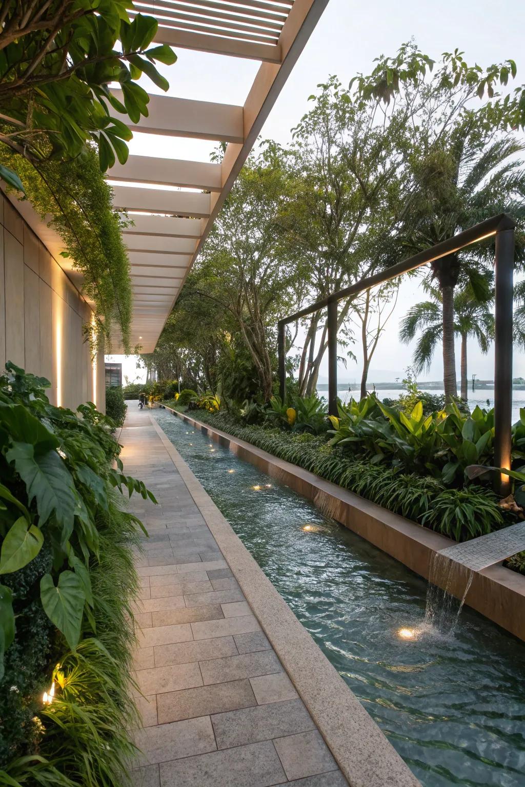 A serene walkway enhanced by a gentle water element.