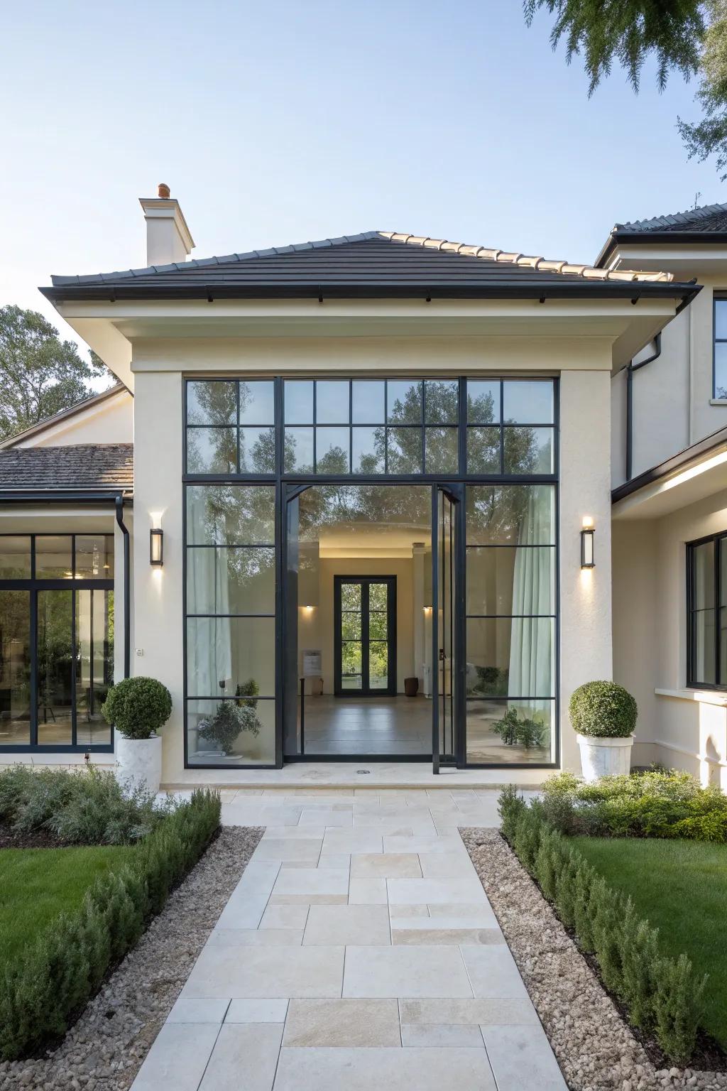 A modern glass entrance for inviting light.