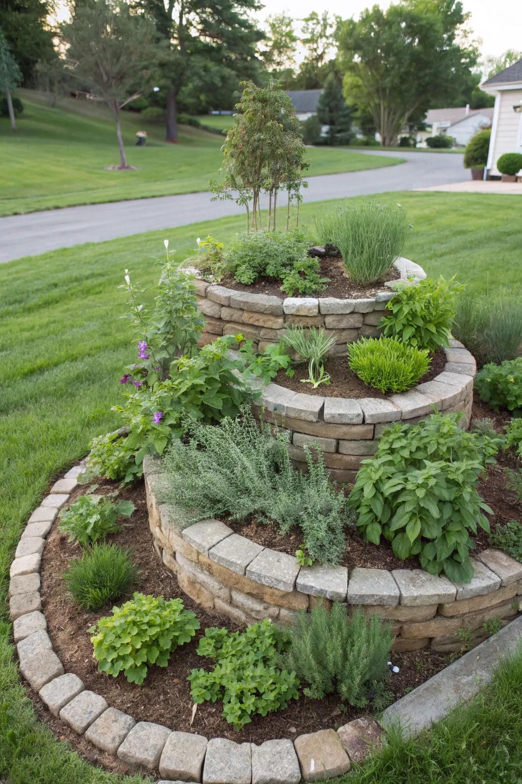A functional and exquisite herb spiral nestled in a nook.