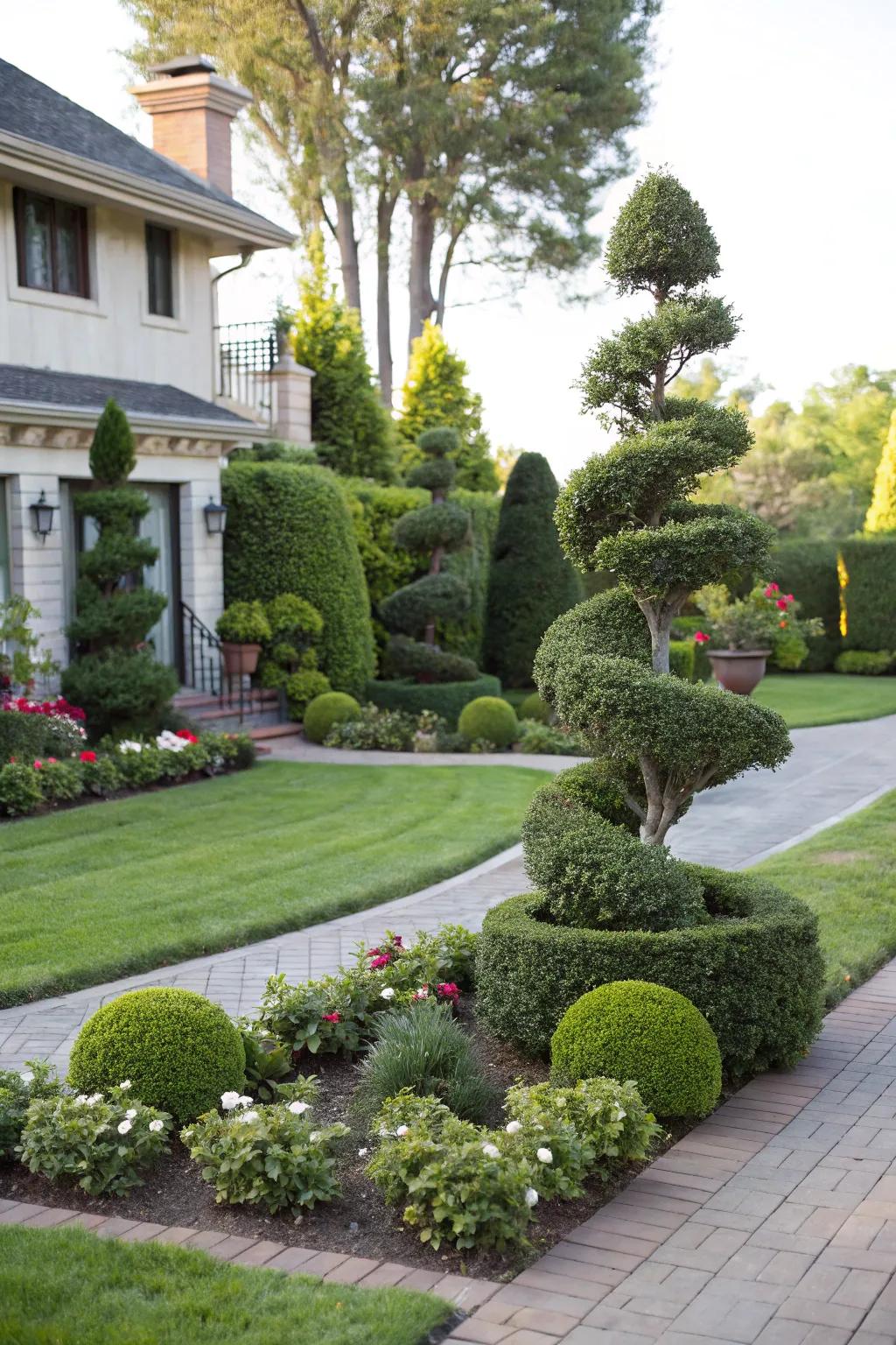 The landscape is given a whimsical and elegant touch by topiary evergreens.