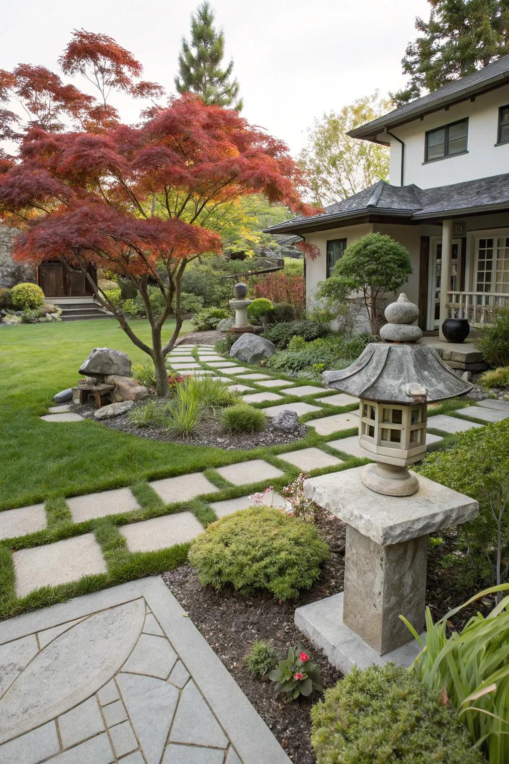 A fusion of contemporary and classic aesthetics shapes a unique landscape surrounding the Japanese maple.