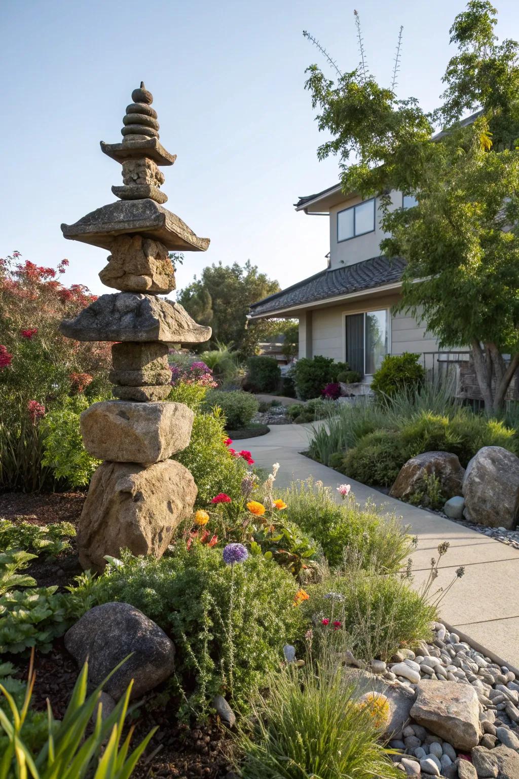 A stone sculpture serving as a center point in a front garden design.