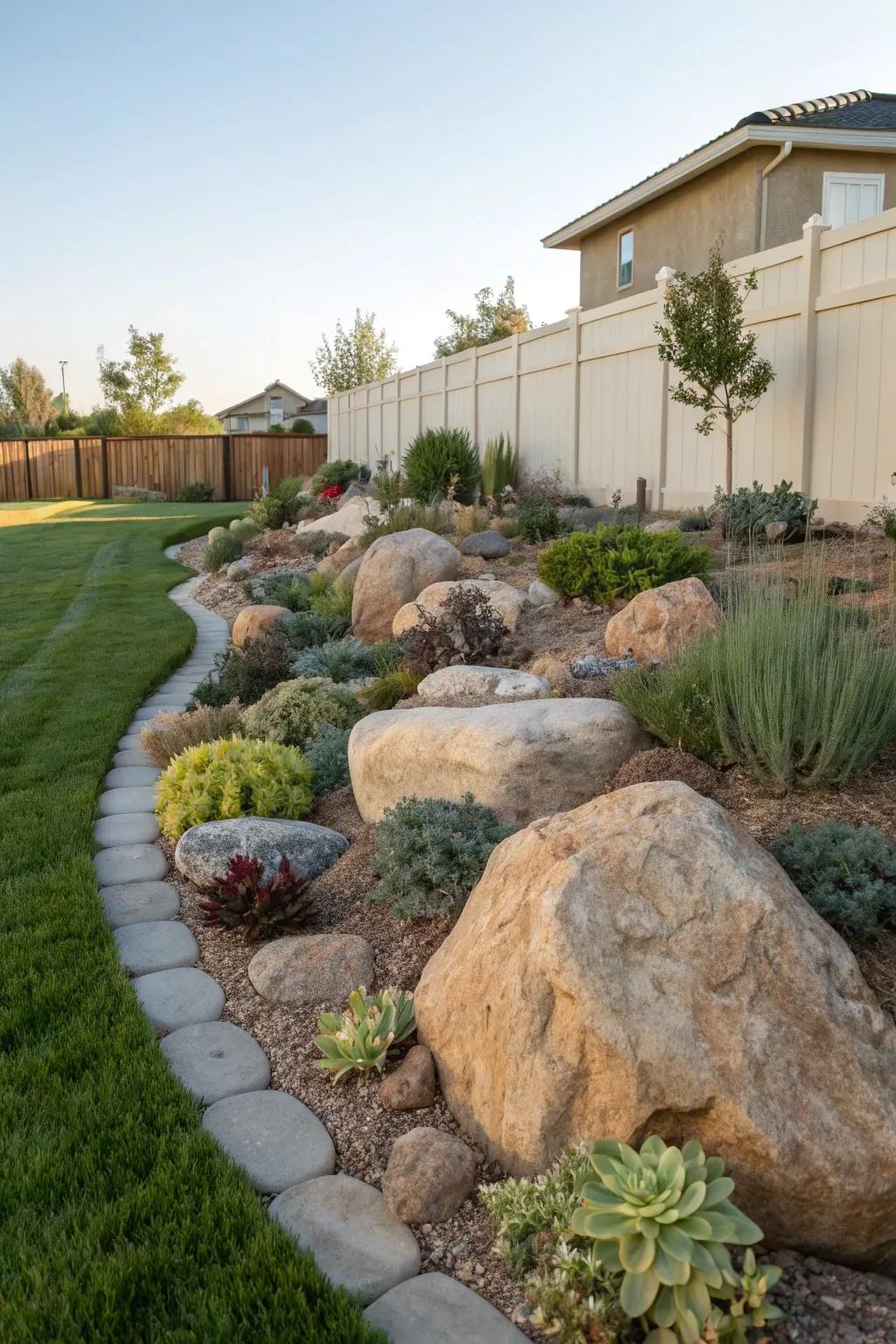 Find hidden plant areas shaped by large stones.