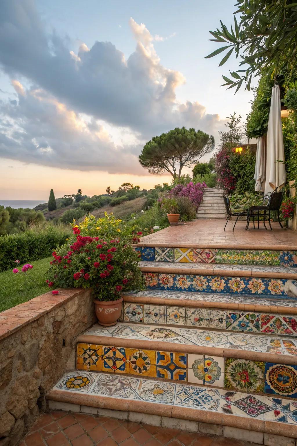 Detailed tiles add vibrant color and a creative touch to this front garden.