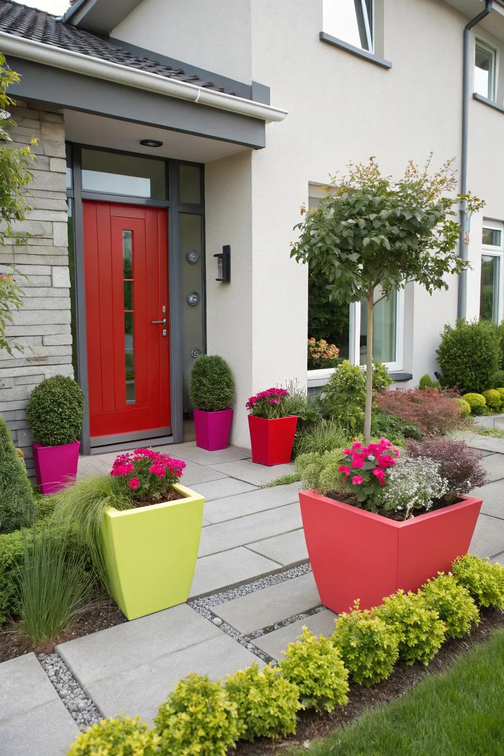 Striking accent colors contribute a memorable element to contemporary front lawns.