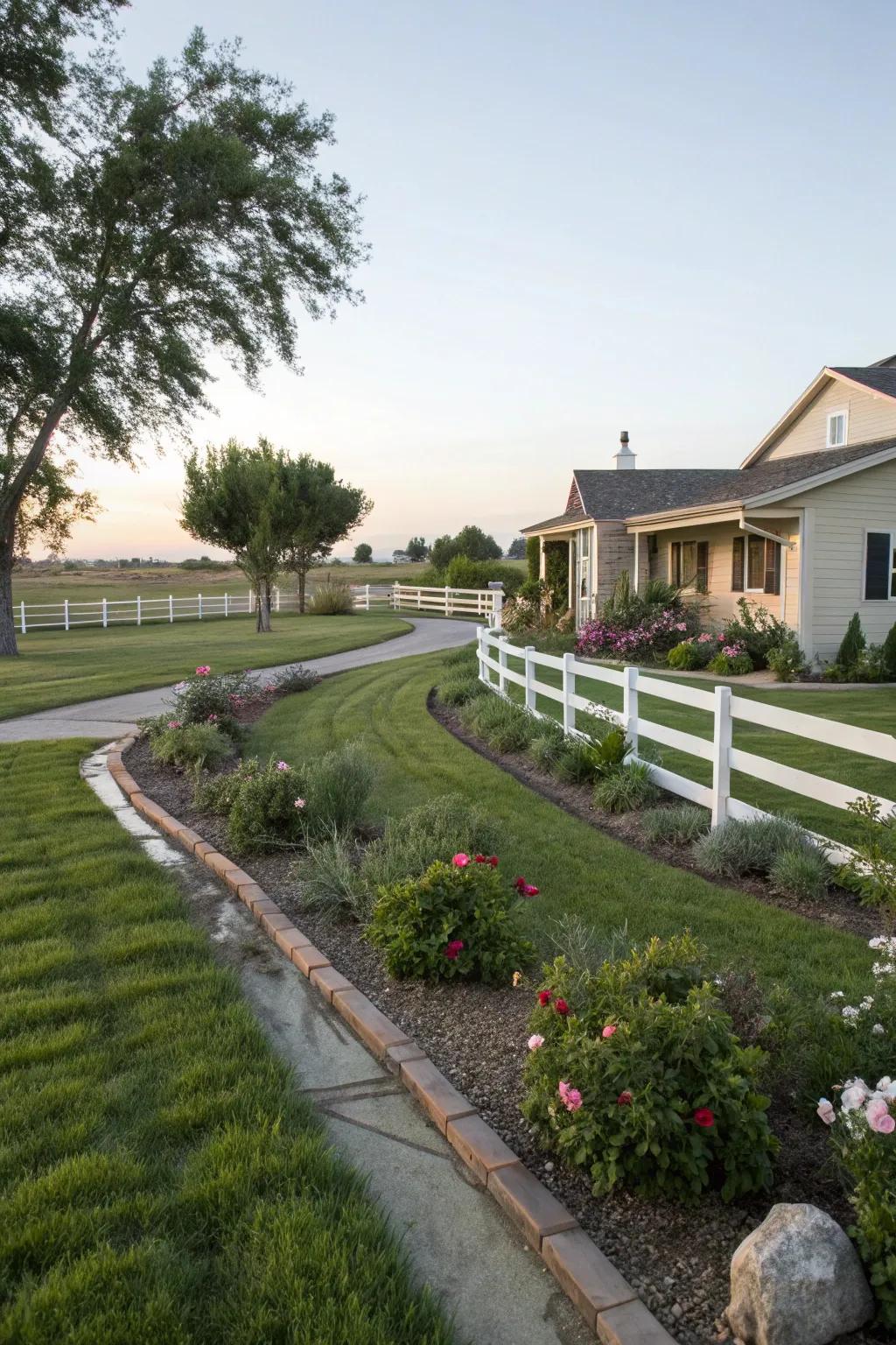 Elegant fencing defining spaces in a ranch front yard