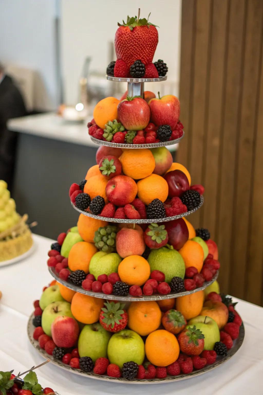 A celebratory fruit obelisk that contributes elevation and visual impact to any occasion.